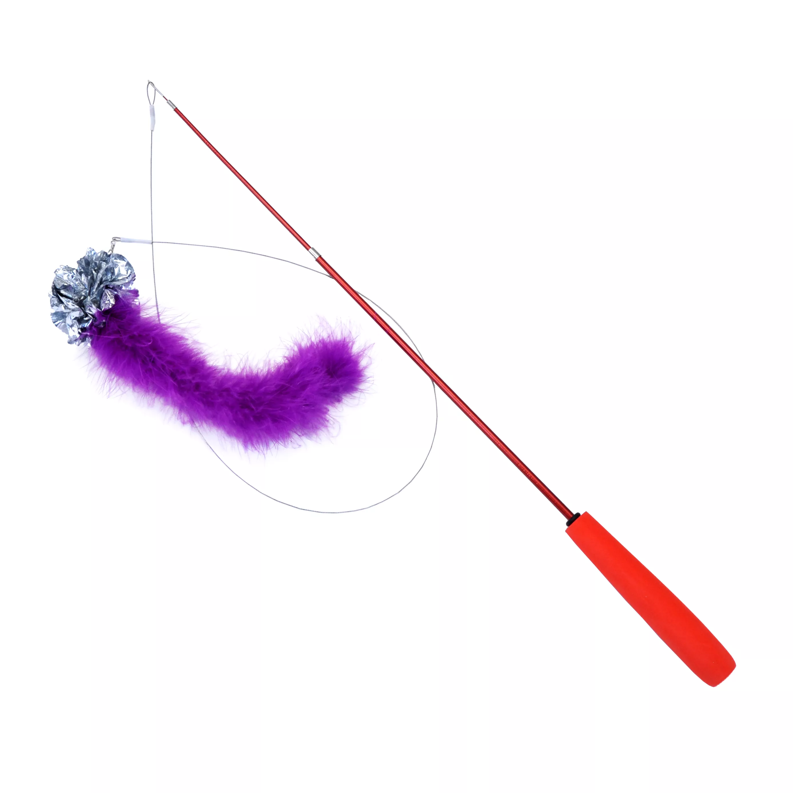 A telescoping teaser with crinkle tail is displayed against a plain white background. The toy includes a long red telescoping wand with a thin cord attached at the tip. At the end of the cord is a purple fuzzy tail combined with a silver reflective crinkle ball. The components are shown diagonally across the frame.